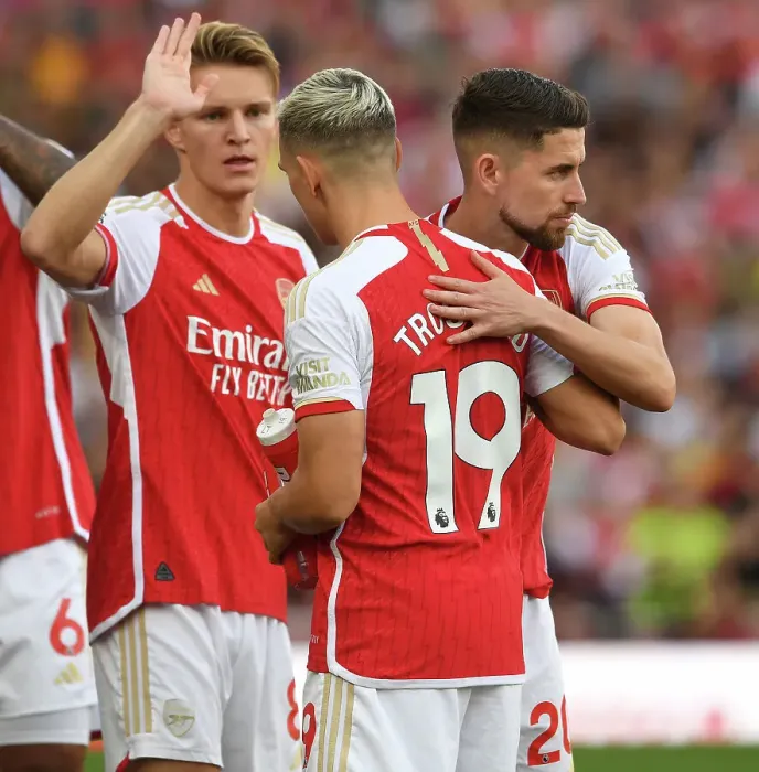 Framed Print : Arsenal FC vs Manchester City: Intense Pre-Match Focus on Trossard and Jorginho (2023-24)