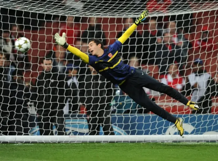 Framed Print : Arsenal FC vs Olympiacos FC: Pre-Match Focus at Emirates Stadium - Arsenal's James Shea Readies for UEFA Champions League Clash (2012-13)