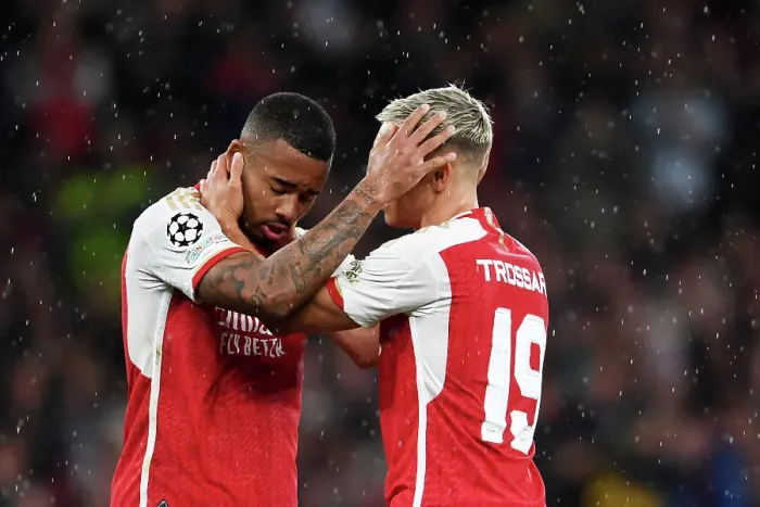 Framed Print : Arsenal FC vs PSV Eindhoven: Interaction Between Gabriel Jesus and Leandro Trossard in the 2023-24 UEFA Champions League