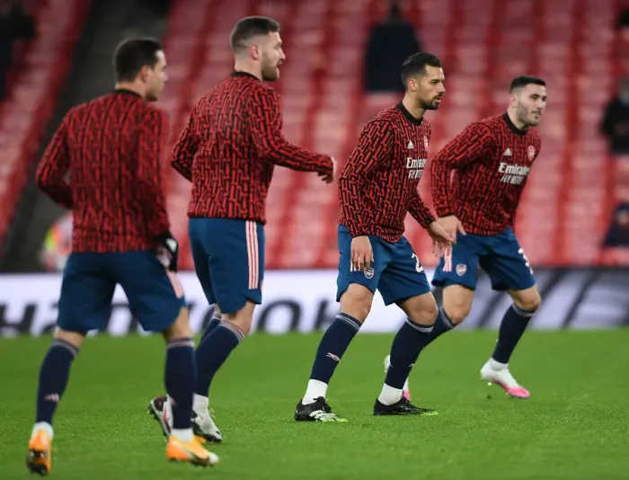 Framed Print : Arsenal FC vs Rapid Wien: Pablo Mari Warms Up at Empty Emirates Stadium - UEFA Europa League, 2020-21