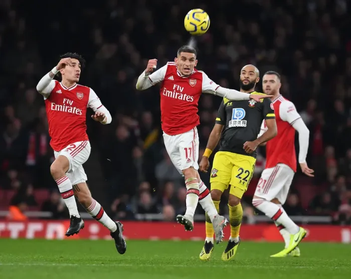 Framed Print : Arsenal FC vs Southampton FC: Bellerin and Torreira in Action during the 2019-20 Premier League Clash