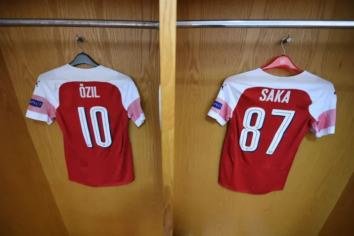 Framed Print : Arsenal Football Club: Mesut Ozil and Bukayo Saka Gear Up for Arsenal vs Qarabag (UEFA Europa League 2018-19) - Changing Room Preparation