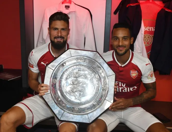 Framed Print : Arsenal Football Club: Giroud and Walcott Rejoice in FA Community Shield Triumph with the Trophy