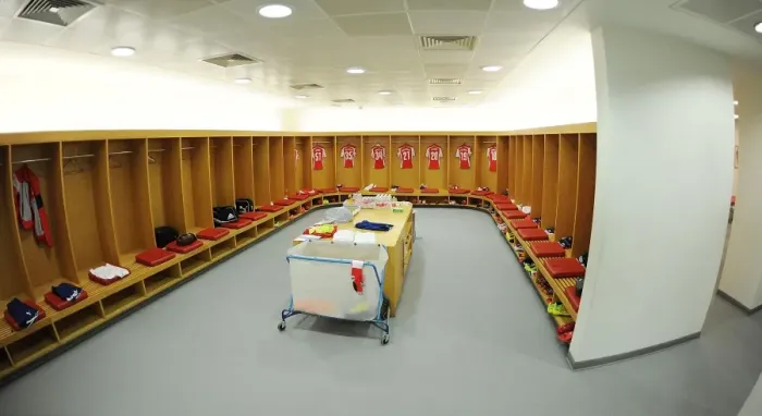 Framed Print : Arsenal Football Club: Inside the Changing Room before the Emirates Cup Match against AS Monaco (2014-15)
