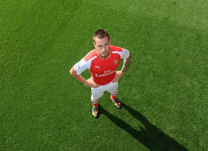 Framed Print : Arsenal Football Club: Mathieu Debuchy at 2014-15 First Team Photocall, Emirates Stadium
