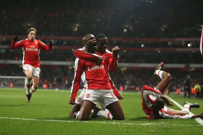 Framed Print : Arsenal Forward William Gallas Celebrates Scoring the Decisive Goal Against Hull City in FA Cup Sixth Round, Surrounded by Teammates Johan Djourou, Abou Diaby, and Sami Nasri