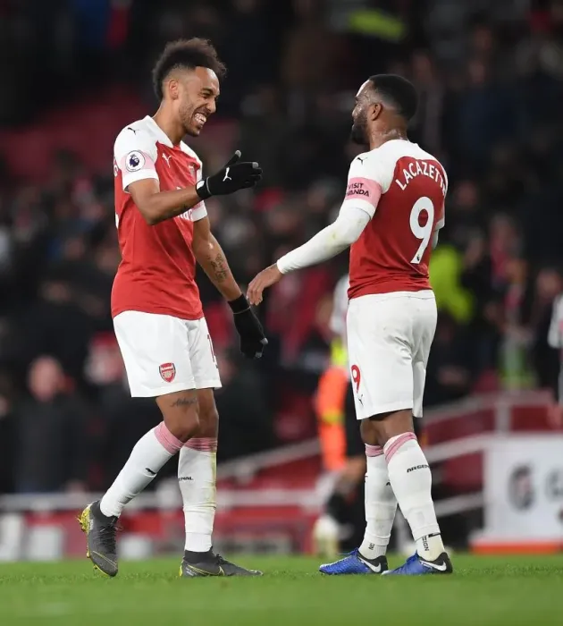 Framed Print : Arsenal Forwards Aubameyang and Lacazette Celebrate Victory Over Newcastle United Framed Print : Arsenal Forwards Aubameyang and Lacazette Celebrate Victory Over Newcastle United
