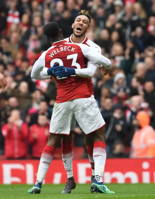 Framed Print : Arsenal Forwards Aubameyang and Welbeck Celebrate First Goal Against Southampton (2017-18)