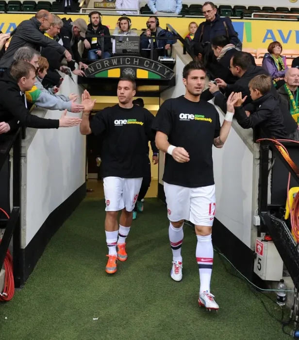 Framed Print : Arsenal Forwards Lukas Podolski and Olivier Giroud Before Norwich Clash (2012-13)