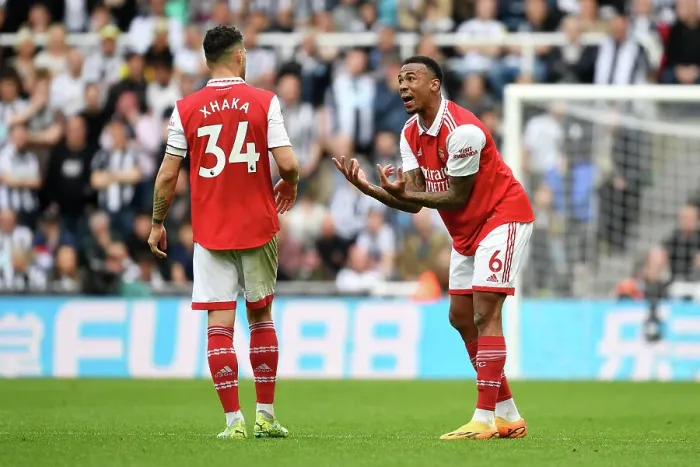 Framed Print : Arsenal: Gabriel and Xhaka's Intense Moment during Newcastle Clash (Premier League 2022-23) Framed Print : Arsenal: Gabriel and Xhaka's Intense Moment during Newcastle Clash (Premier League 2022-23)