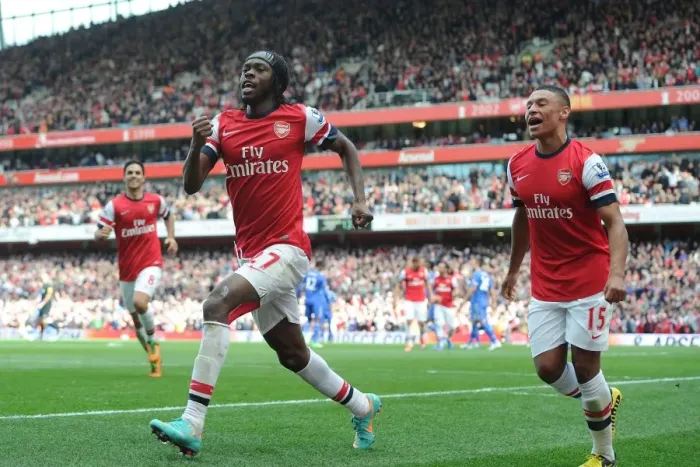 Framed Print : Arsenal: Gervinho and Oxlade-Chamberlain Celebrate Goal Against Chelsea (2012-13) Framed Print : Arsenal: Gervinho and Oxlade-Chamberlain Celebrate Goal Against Chelsea (2012-13)