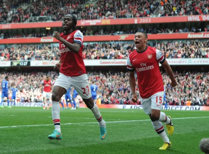 Framed Print : Arsenal: Gervinho and Oxlade-Chamberlain's Unforgettable Goal Celebration vs. Chelsea (2012-13) Framed Print : Arsenal: Gervinho and Oxlade-Chamberlain's Unforgettable Goal Celebration vs. Chelsea (2012-13)