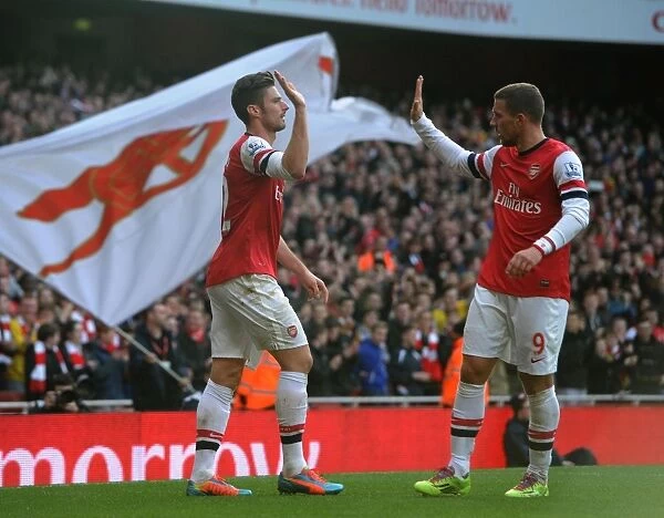 Arsenal: Giroud and Podolski Celebrate Goals Against Sunderland (2013-14)