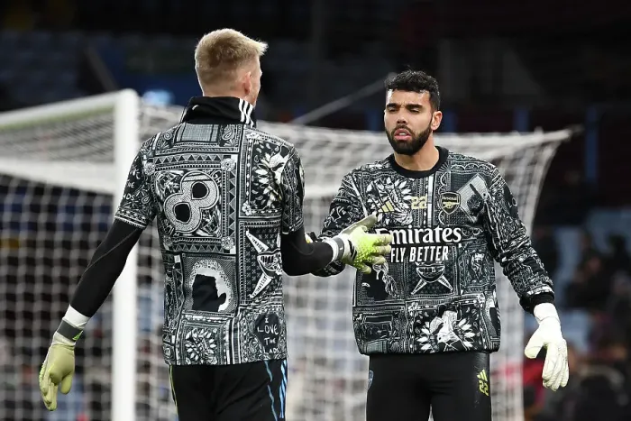 Framed Print : Arsenal Goalkeepers Ramsdale and Raya Engage in Pre-Match Warm-Up at Aston Villa, 2023-24 Premier League