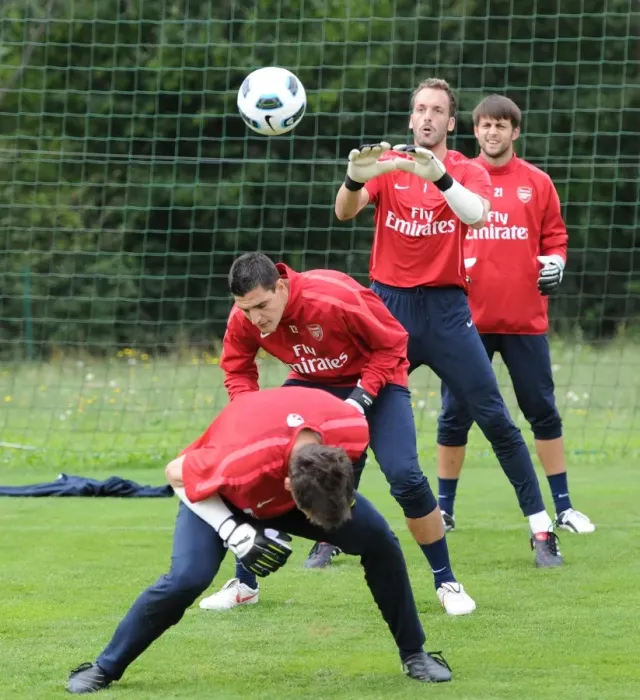 Framed Print : Arsenal Goalkeepers Training: Almunia, Szczesny, Mannone, and Fabianski, Austria 2010