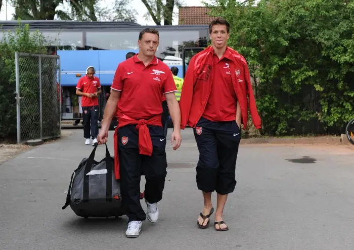 Framed Print : Arsenal goalkeeping coach Tony Roberts with Wojciech Szczesny. SC Neusiedl 0: 4 Arsenal