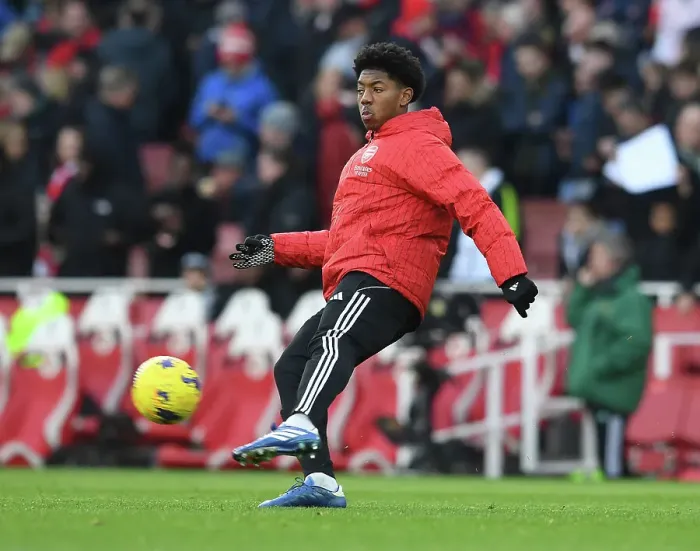 Framed Print : Arsenal Half Time: Myles Lewis-Skelly Warming Up vs Brighton & Hove Albion (2023-24) Framed Print : Arsenal Half Time: Myles Lewis-Skelly Warming Up vs Brighton & Hove Albion (2023-24)
