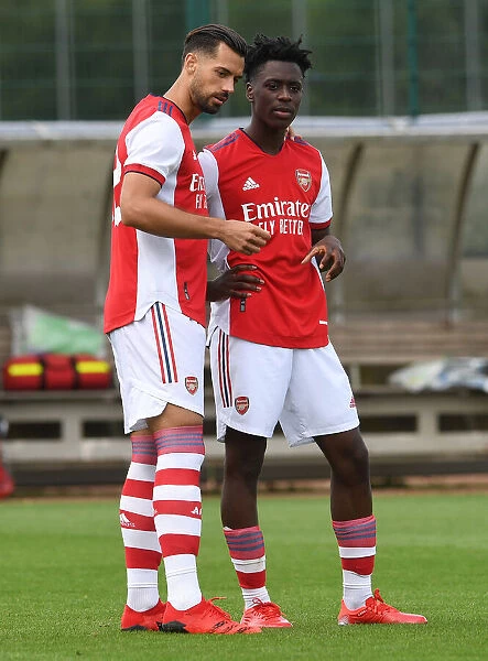 Arsenal Half-Time: Pablo Mari and Albert Sambi Lokonga in Deep Conversation during Arsenal v Watford Pre-Season Friendly