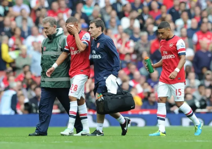 Framed Print : Arsenal: Injured Doctor Kieran Gibbs Tended by Medical Team During Arsenal v Aston Villa Match, 2013-14