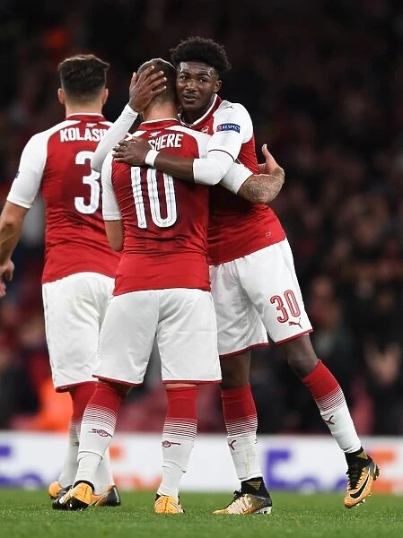 Arsenal: Jack Wilshere and Ainsley Maitland-Niles Embrace Post-Match at Emirates Stadium (Arsenal v FC Köln, 2017-18)