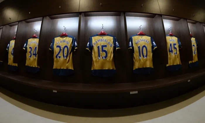 Framed Print : Arsenal kit in the changingroom before the match. Arsenal 4: 0 Singapore XI. Barclays