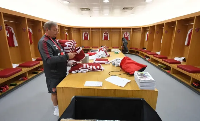 Framed Print : Arsenal Kit Preparation: Vic and Paul Akers before Arsenal vs Crystal Palace (Premier League, 2018)