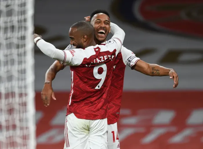 Framed Print : Arsenal: Lacazette and Aubameyang Celebrate Goal Against West Ham United (2020-21) Framed Print : Arsenal: Lacazette and Aubameyang Celebrate Goal Against West Ham United (2020-21)