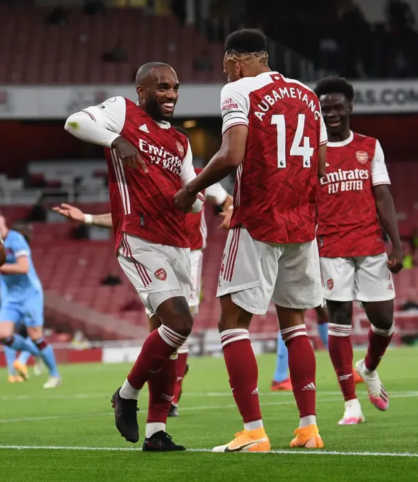 Framed Print : Arsenal: Lacazette and Aubameyang's Unstoppable Duo - Goal Celebration vs West Ham United (2020-21)