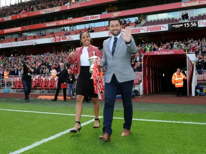 Framed Print : Arsenal Ladies Celebrate FA Cup Victory at Arsenal vs. Aston Villa (2015-16): Pedro Martinez Losa and Alex Scott with the FA Cup Trophy during Half Time Framed Print : Arsenal Ladies Celebrate FA Cup Victory at Arsenal vs. Aston Villa (2015-16): Pedro Martinez Losa and Alex Scott with the FA Cup Trophy during Half Time