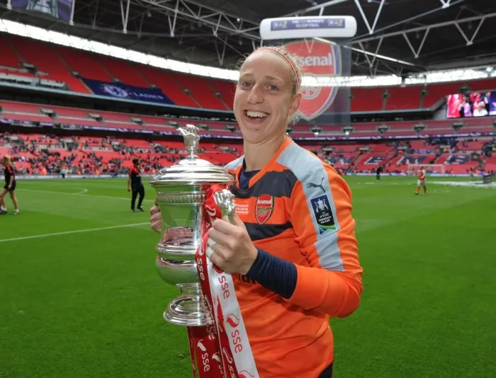 Framed Print : Arsenal Ladies Celebrate FA Cup Victory: Sari van Veenendal Lifts the Trophy