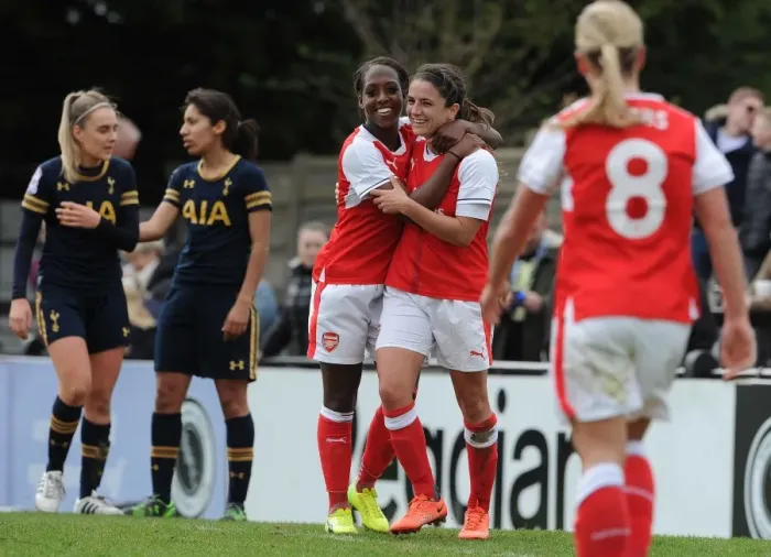 Framed Print : Arsenal Ladies Celebrate Goal: Carter and Van de Donk's Strike against Tottenham Hotspur Ladies in FA Cup 2017
