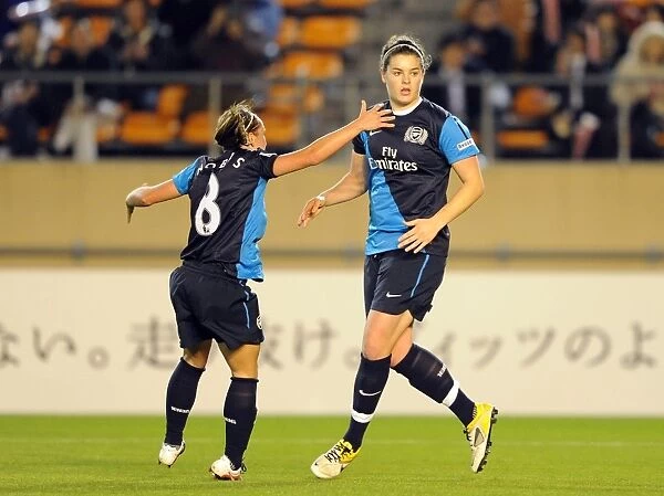 Arsenal Ladies Celebrate Goal Against INAC Kobe: Jennifer Beattie and Jordan Nobbs, 1:1 at Nishigaoka Stadium, Tokyo, 2011