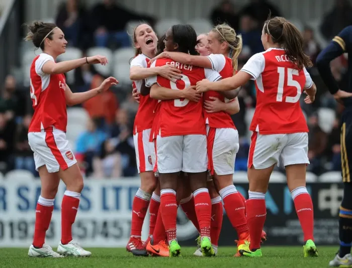 Framed Print : Arsenal Ladies Celebrate Goal: Van de Donk, Taylor, Carter, Nobbs, McCabe vs. Tottenham Hotspur Ladies (FA Cup 2017)