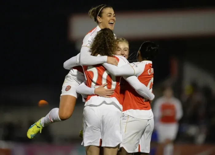Framed Print : Arsenal Ladies: Dominique Janssen and Jemma Rose Celebrate First Goal Against Reading FC Women