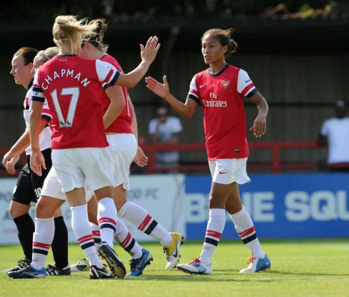 Framed Print : Arsenal Ladies Double Act: Yankey and Chapman Celebrate Goals Against Lincoln Ladies in FA WSL Clash