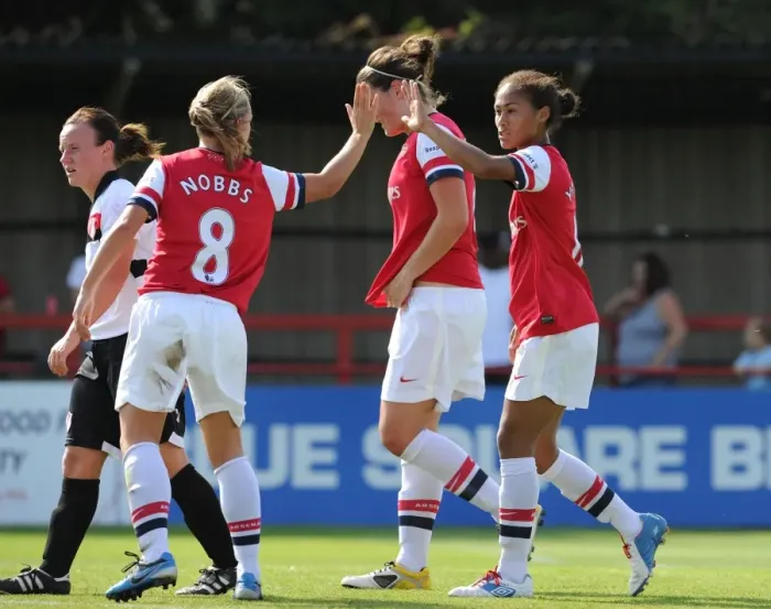 Framed Print : Arsenal Ladies Double Act: Yankey and Nobbs Celebrate Goals Against Lincoln Ladies in FA WSL