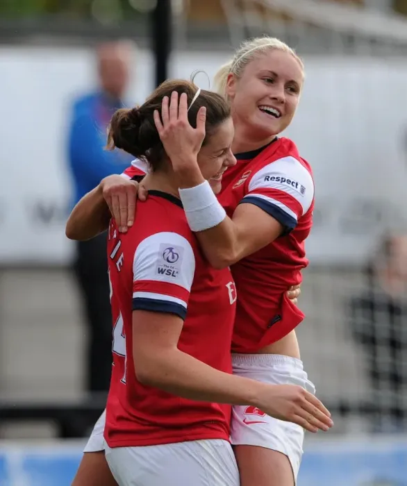 Framed Print : Arsenal Ladies FC vs. Barcelona: Jennifer Beattie and Steph Houghton Celebrate Goal in UEFA Women's Champions League