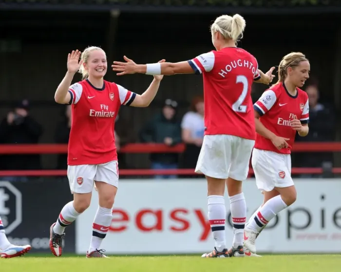 Framed Print : Arsenal Ladies FC vs Barcelona: Kim Little and Steph Houghton Celebrate Goal in UEFA Women's Champions League