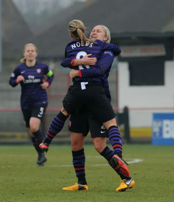 Framed Print : Arsenal Ladies FC's Jordan Nobbs and Steph Houghton Celebrate Goal in UEFA Women's Champions League Quarterfinals