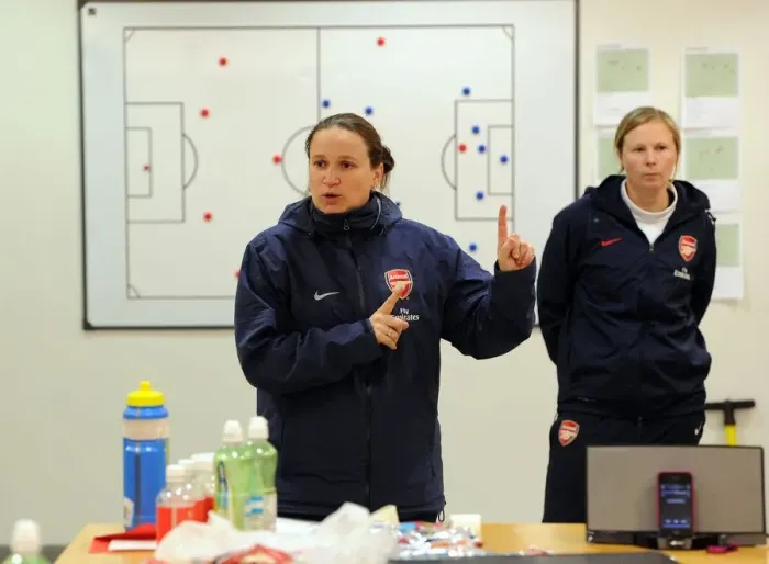 Framed Print : Arsenal Ladies: Manager Laura Harvey and Assistant Rihanne Skinner Planning Game Strategy Against Chelsea