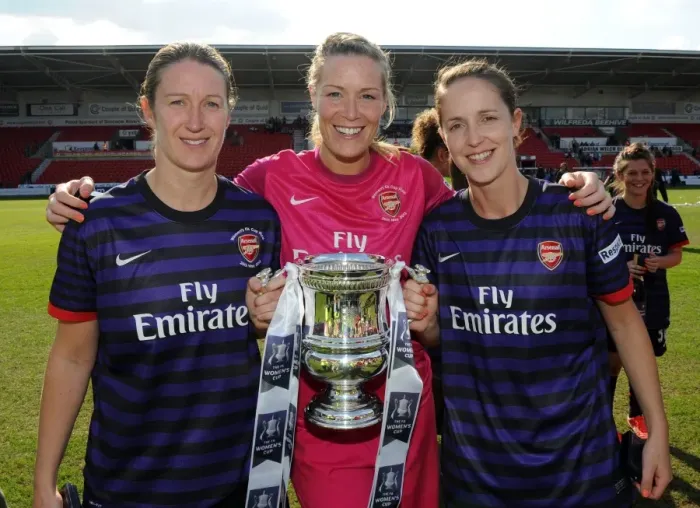 Framed Print : Arsenal Ladies Triumph in FA Cup Final: Grant, Byrne, and Tracy with the Trophy