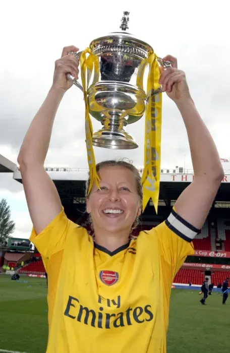 Framed Print : Arsenal Ladies Triumph: Jayne Ludlow's FA Cup Victory with the Trophy (2007)