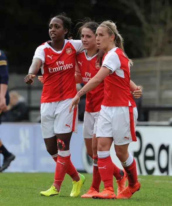 Framed Print : Arsenal Ladies Triumph: Van de Donk, Carter, Nobbs Celebrate FA Cup Goal Against Tottenham