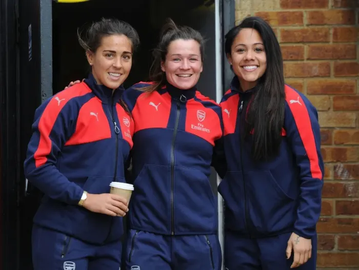 Framed Print : Arsenal Ladies Unite: Pre-Match Huddle Against Tottenham Hotspur Ladies in FA Cup 2017 - Fara Williams, Emma Mitchell, and Alex Scott
