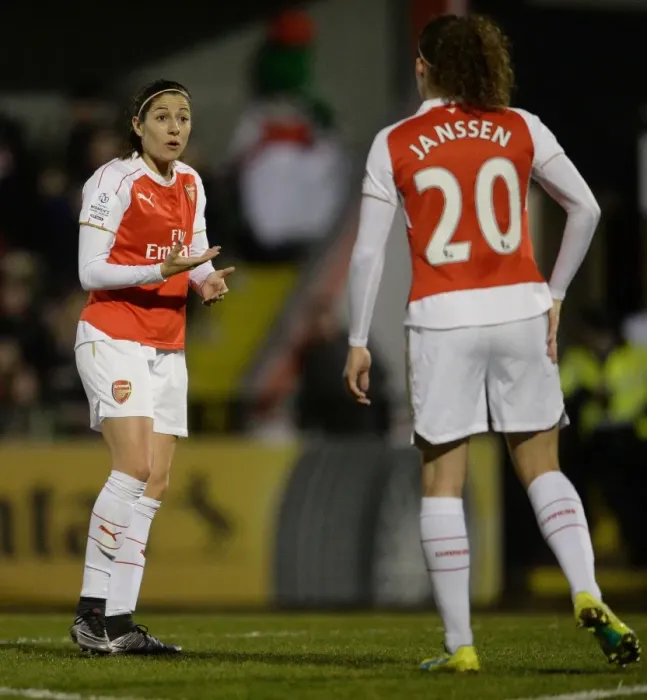 Framed Print : Arsenal Ladies: Vicky Losada and Dominique Janssen - Strategic Midfield Discussion