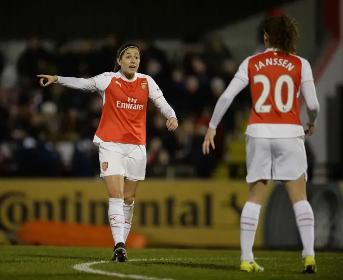 Framed Print : Arsenal Ladies: Vicky Losada Guides Dominique Janssen during WSL 1 Match Framed Print : Arsenal Ladies: Vicky Losada Guides Dominique Janssen during WSL 1 Match