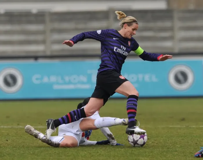 Framed Print : Arsenal Ladies vs. ASD Torres: Kelly Smith vs. Giulia Domenichetti in Intense Womens Champions League Clash