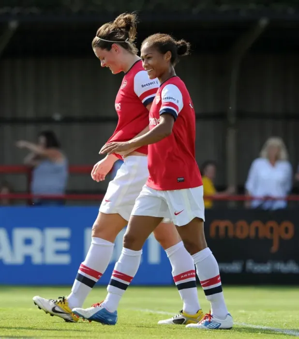Framed Print : Arsenal Ladies: Yankey and Beattie's Goal Celebration in FA WSL Match