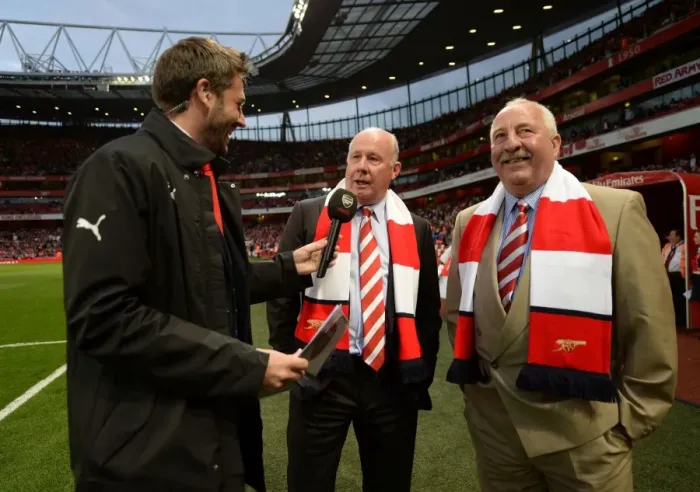 Framed Print : Arsenal Legends Nigel Mitchell with Liam Brady and Alan Sunderland at Half-Time: Arsenal vs. Tottenham, 2014-15