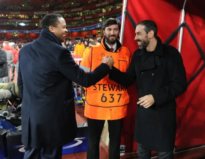 Framed Print : Arsenal Legends Reunited: Pires and Kluivert Before Arsenal vs Paris Saint-Germain, UEFA Champions League (2016-17)